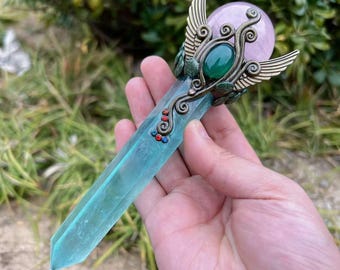 Fluorite & Rose Quartz Crystal Wand: Healing Altar Tool with Angel Wings