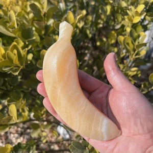 Könnte beinhalten: Eine geschnitzte Bananenskulptur in Gelb- und Cremetönen. Die Banane wird in einer Hand gehalten, mit einem verschwommenen grünen Hintergrund aus Blättern. Die Skulptur hat ein glattes, poliertes Aussehen mit subtilen Farbvariationen.