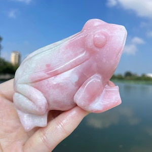 Puede incluir: Una figurita de rana tallada de color rosa y blanco hecha de cuarzo rosa. La rana está sentada en una mano con un lago y cielo en el fondo.