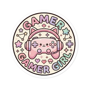Peut inclure: Autocollant rond avec une manette rose portant un casque et des oreilles de chat. Le texte "GAMER GIRL" est disposé en cercle autour de la manette, avec des étoiles et d'autres formes. La palette de couleurs comprend du rose, du violet et du vert.
