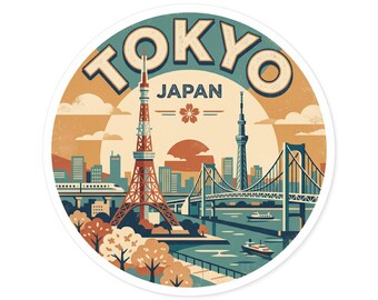 May include: A circular sticker featuring a stylized illustration of the Tokyo skyline, including Tokyo Tower, Tokyo Skytree, a bridge, and a train. The text TOKYO and JAPAN is printed in a bold, retro-inspired font against a warm sunset background.
