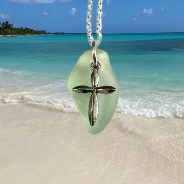Authentic pale seafoam Sea Glass Necklace with cross by WebeSeaGlass.