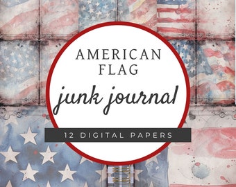 American Flag Patriotic JUNK JOURNAL PAGES Digital Paper, Red Blue Journal Pages, Printable Paper Craft, Collage Sheet 11 x 8.5 - BBS003