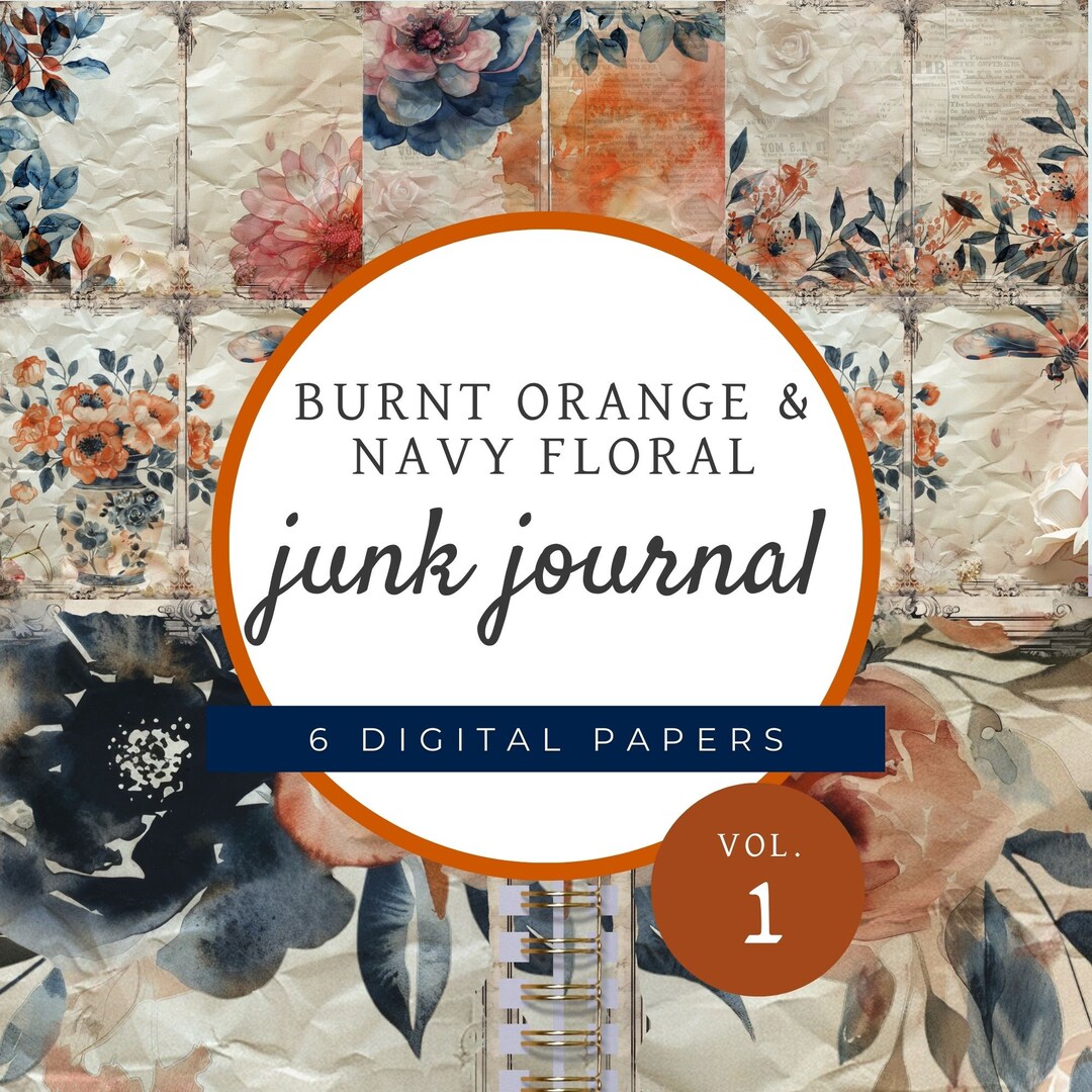 Rust Navy Floral JUNK JOURNAL PAGES Digital Paper, Burnt Orange Flowers ...