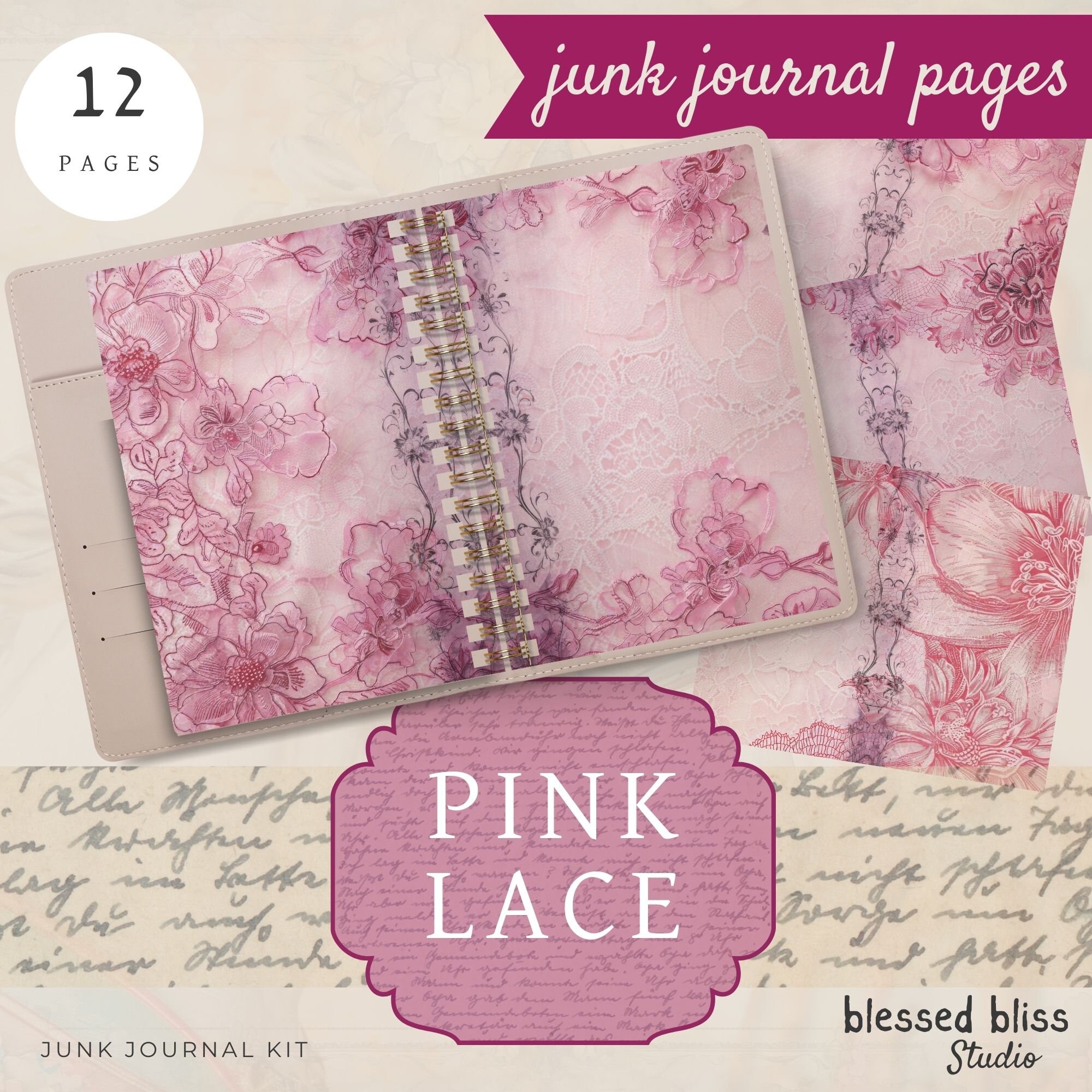 Pink Lace JUNK JOURNAL PAGES Digital Paper, Shabby Chic Journal ...
