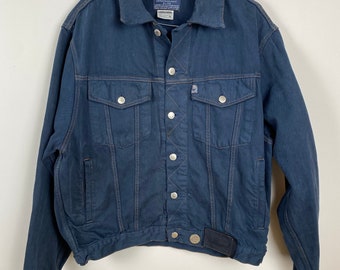 Veste en jean vintage Americanino taille M unisexe bleu foncé classique, vêtements d'extérieur à la mode rétro, veste en jean bleu foncé, effet vieilli vintage