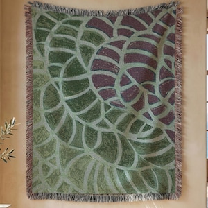 Abstracte spiraalvormige geweven deken in groen en blauw, origineel kunstwerk, boho katoenen textiel voor thuis, handgemaakt, gemaakt in de VS