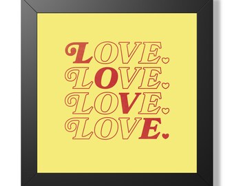 Póster enmarcado con tipografía "Amor Repetido Amarillo" / Arte de pared romántico, rosa y rojo