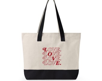 Bolso tote de lona con cremallera y la palabra LOVE apilada / tipografía retro roja