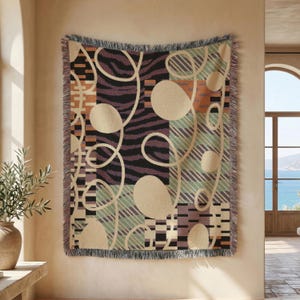 Abstract Graphic Maximalist Woven Cotton Blanket, Mosaic Woven Geometric Throw, Gift for MCM design fan, Patchwork Collage Wall Tapestry