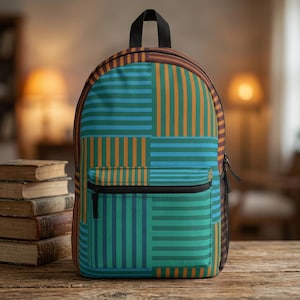 Mochila a rayas con estampado de cuadrícula de bloques de color, mochila escolar geométrica en verde azulado y ámbar.