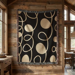 Cotton Woven Blanket | Bold Cream and Black Scribble Loop Pattern | Retro Throw | Housewarming Gift |  Modern Tapestry | Vintage Minimalist