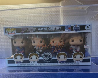 Wayne Gretzky Signed Funko POP! 4 Pack Full Size, Depicting all teams Blues, Kings, Rangers, and Oilers. Gretzky is an NHL Legend. w/COA