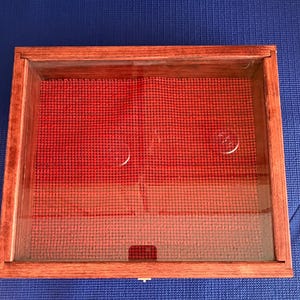 以下が含まれることがあります： ガラスの天板が付いた長方形の木製ディスプレイケース。内部は赤いメッシュ生地です。木枠は赤茶色のステインです。ケースは青い面にあります。