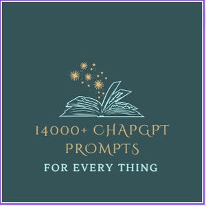 Puede incluir: Un libro abierto con una cubierta azul y páginas. El libro está rodeado de una nube de estrellas doradas. El texto en el libro dice "14000+ Prompts de ChatGPT para todo".