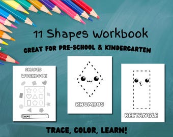 11 Shapes Workbook Printable – Preschool & Kindergarten Shape Tracing Worksheets – Learn, Trace, Color – Instant Download PDF