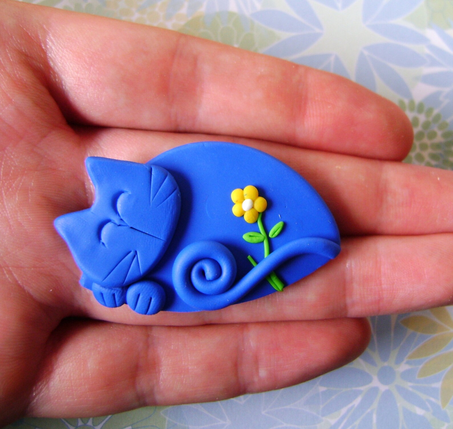 Fimo Polymer Clay Blue Cat with flower pin or Etsy