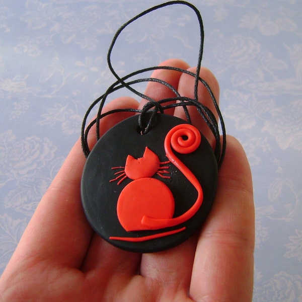 Fimo Polymer Clay Medallion - Red Cat over Black