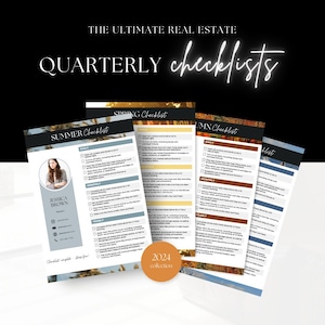 Może przedstawiać: Cztery listy kontrolne dla nieruchomości, każda z innym motywem sezonowym: lato, wiosna, jesień i zima. Każda lista kontrolna zawiera sekcję dzienną, miesięczną i roczną z zadaniami do wykonania.