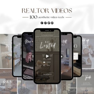 May include: A collage of six smartphone screens showcasing real estate video reels. The central screen displays a video titled "Just Listed" with a play button and details about a property: 14138 El Camino Cove, Del Mar 92014, 2 bedrooms, 2 parking spaces, and 1 bath. The other screens feature various real estate-related topics, including "New Home", "Step Up Your Interior Decor", "Q&A", and "Buyer Guide".