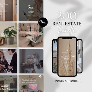 May include: A collage of images promoting a real estate bundle with 200 posts and stories. The images feature a variety of real estate related topics, including interior design, market trends, and tips for buying a home. The text "200 REAL ESTATE bundle" is prominently displayed in the center of the image.