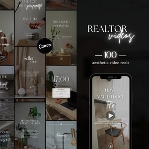 Pode incluir: Uma colagem de imagens que mostram dicas e sugestões para agentes imobiliários. As imagens apresentam uma variedade de tópicos, incluindo a preparação da casa, as estratégias de preços e as dicas de marketing. O texto "REALTOR videos - 100 aesthetic video reels" é exibido em uma fonte de tipo neon.