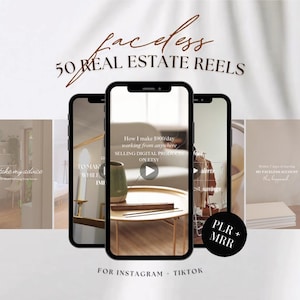 50 PLR MRR Bienes raíces TikTok Instagram Video Reels Canva Faceless Estética Negocios Reels Videos Redes Sociales Plantilla de Marketing de Agente Inmobiliario