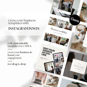 May include: A collage of images showcasing Instagram post templates for businesses. The templates feature a variety of designs, including a business workshop announcement, a website edit guide, and a team day celebration. The text "Grow your business templates with INSTAGRAM POSTS" is displayed at the top of the collage.