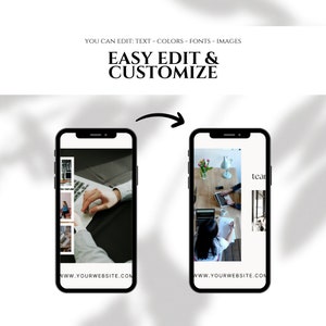 May include: Two images of a smartphone screen showing a website design template. The first image shows a collage of photos of people working on laptops. The second image shows a woman working on a laptop with a cup of tea and flowers on the table. The text on the screen says "WWW.YOURWEBSITE.COM".