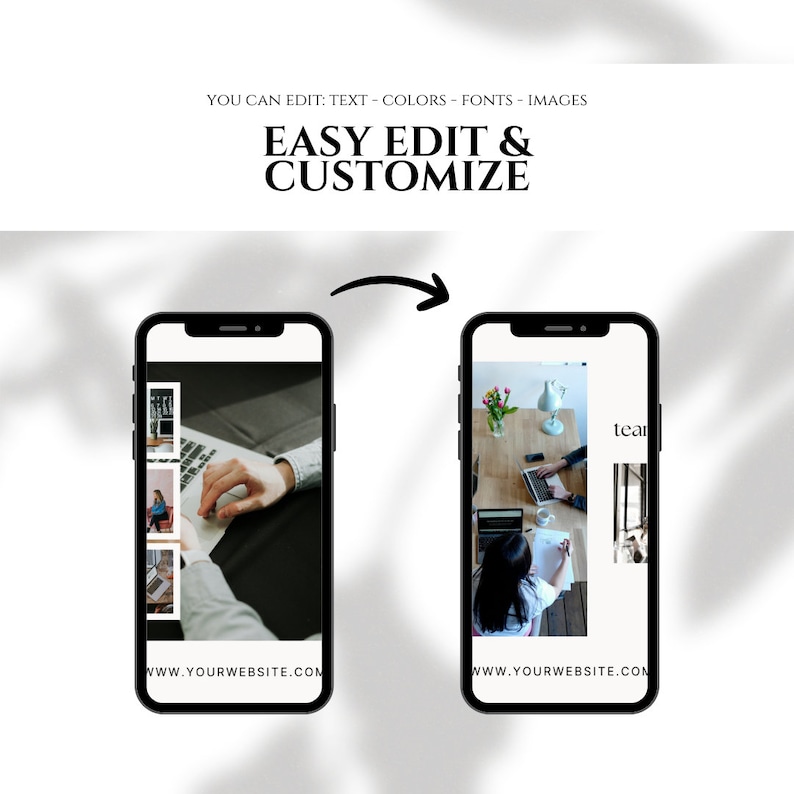 May include: Two images of a smartphone screen showing a website design template. The first image shows a collage of photos of people working on laptops. The second image shows a woman working on a laptop with a cup of tea and flowers on the table. The text on the screen says "WWW.YOURWEBSITE.COM".