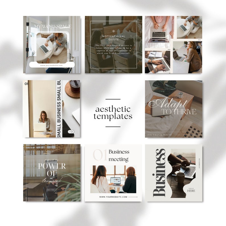 May include: A collection of nine Instagram post templates featuring a variety of images and text. The templates include images of people working on laptops, a motivational quote, and text about small businesses and adapting to thrive. The templates are designed in a minimalist style with a neutral color palette.