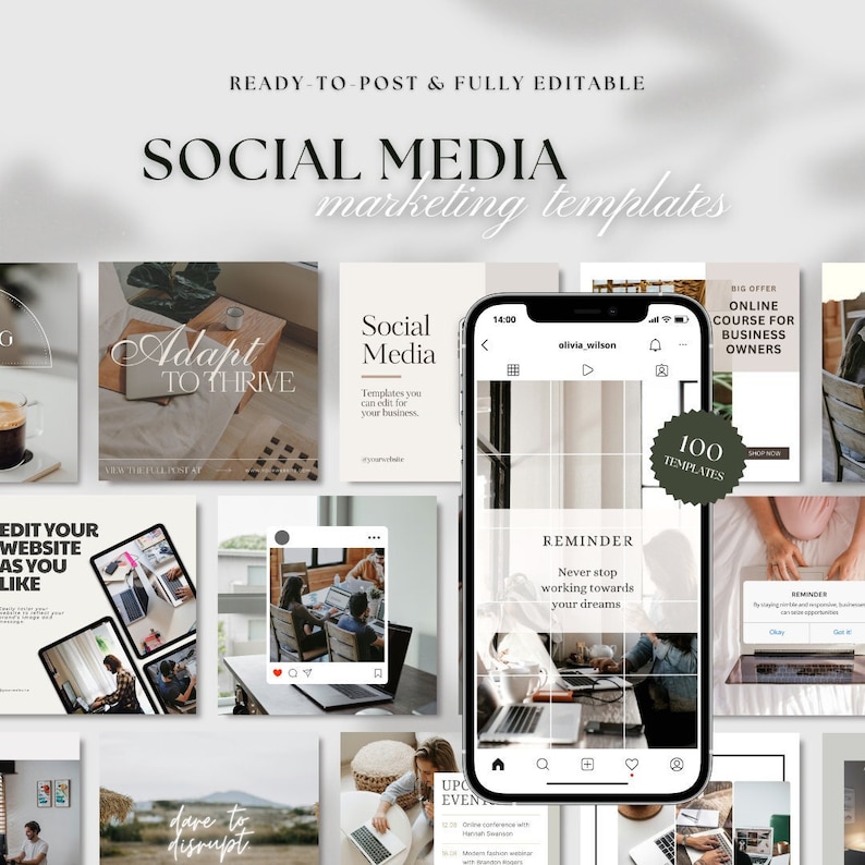 May include: A collection of social media marketing templates for businesses. The templates feature a variety of designs, including a laptop with a quote about adapting to thrive, a reminder to never stop working towards your dreams, and a big offer for an online course for business owners. The templates are fully editable and ready to post.