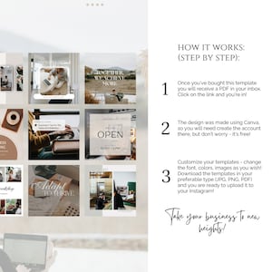 May include: A collage of nine Instagram post templates with a beige background. The templates feature text such as "My Workspace", "Together, We Achieve More", "Adapt To Thrive", and "Open 10 AM - 5 PM". The text is in a modern, minimalist font. The templates also feature images of people working on laptops, a coffee cup, and a plant.