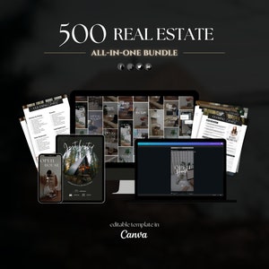May include: A collection of 500 real estate social media templates for Canva. The templates are shown on a computer screen, tablet, and phone. The templates include images of homes, open houses, and other real estate related topics.