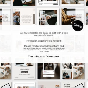 May include: A set of nine Instagram post templates for a property manager. The templates feature a variety of images and text, including the words "Looking for a property manager?" and "Canva".