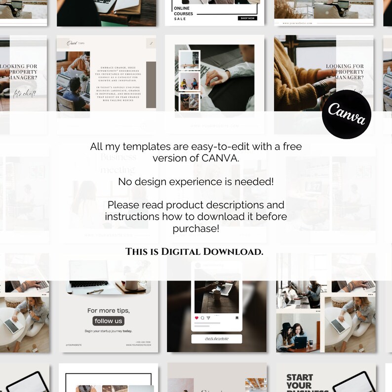 May include: A set of nine Instagram post templates for a property manager. The templates feature a variety of images and text, including the words "Looking for a property manager?" and "Canva".