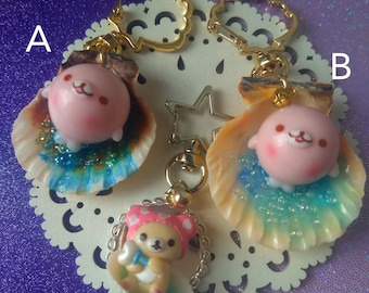 Seashell Pals Keychain:  Kawaii Seal and Bear | Kawaii Handmade Keychain | Yume Kawaii Pastel Kei Keychain