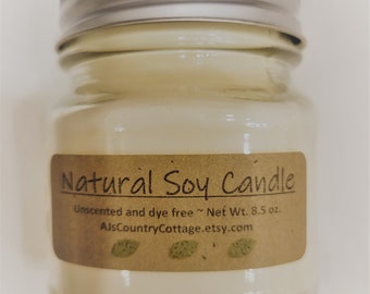UNSCENTED SOY WAX Candle - Pure soy candles, natural soy candles, unscented candles, uncolored candles, scent free candles, dye free candles