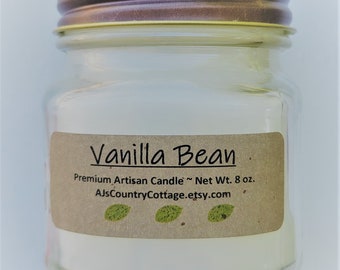 VANILLA BEAN CANDLE - Vanilla Candles, Popular Candles, Scented Candles, 8 oz Square Mason Jar Candles, Kitchen Candles, She Shed Candles