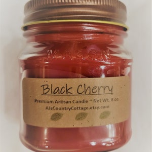 BLACK CHERRY CANDLE - Cherry Candles, Fruit Candles, Strong Candles, Square Mason Jar Candles, Rustic Decor, Scented Candles, Classic Scents