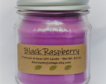 Black Raspberry Vanilla Soy Candle - 8oz Mason Jar, Handmade