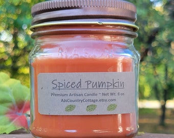 Spiced Pumpkin Candle – Autumn Fall Decor, 8 oz Mason Jar