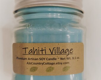 TAHITI VILLAGE SOY Candle - Vanilla Candles - Coconut Candles - Patchouli Candles - Oak Wood Leaves Soy Candles