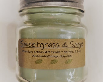 Sweetgrass Sage Soy Candle - Herbal Mason Jar Candle