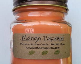 Mango Papaya Candle - Tropical Scented, 8 oz Mason Jar
