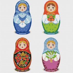 Könnte beinhalten: Vier traditionelle russische Nistpuppen, auch Matrjoschka-Puppen genannt, mit verschiedenen Designs. Die Puppen sind in verschiedenen Farben bemalt, darunter Blau, Rot, Grün und Lila. Jede Puppe hat ein lächelndes Gesicht und ein traditionelles russisches Kleid.