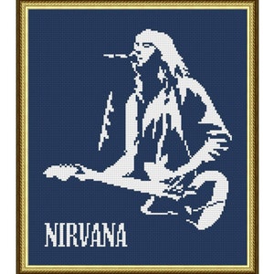 Patrón de punto de cruz Nirvana Kurt Silhouette Gráfico PDF Diseño de bordado Guitarra rock Banda de música rock Patrón moderno fácil Música Hobby Regalo