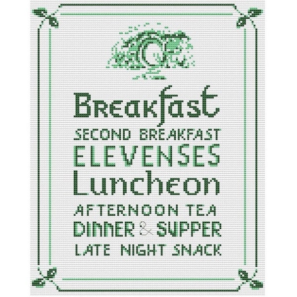 Hobbit Meal Time Cross stitch pattern Lord of the rings Hobbiton Embroidery design PDF chart Shire Bilbo Baggins Tolkien quote LOTR x-stitch