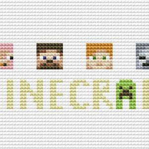 Puede incluir: Un patrón de punto de cruz con el logotipo de Minecraft y personajes, incluyendo Steve, Alex, un cerdo, un creeper y un zombie. Los personajes son pixelados y coloridos.