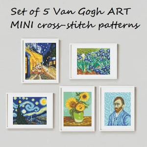 Könnte beinhalten: Set mit 5 Mini-Kreuzstichmustern mit berühmten Van Gogh-Gemälden, darunter die Sternennacht, Sonnenblumen und Iris.